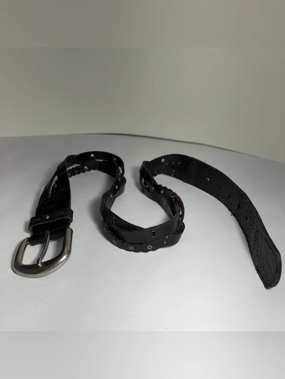 Women's Fossil Belt Black Genuine Leather Braided Studded Grommet Y2K Boho